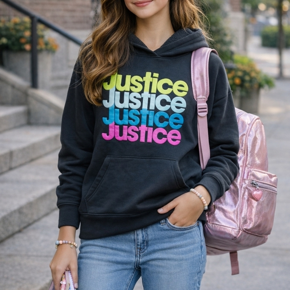Justice Girls XL Hoodie Graphic Logo Black Pullover Sweatshirt Size 16/18